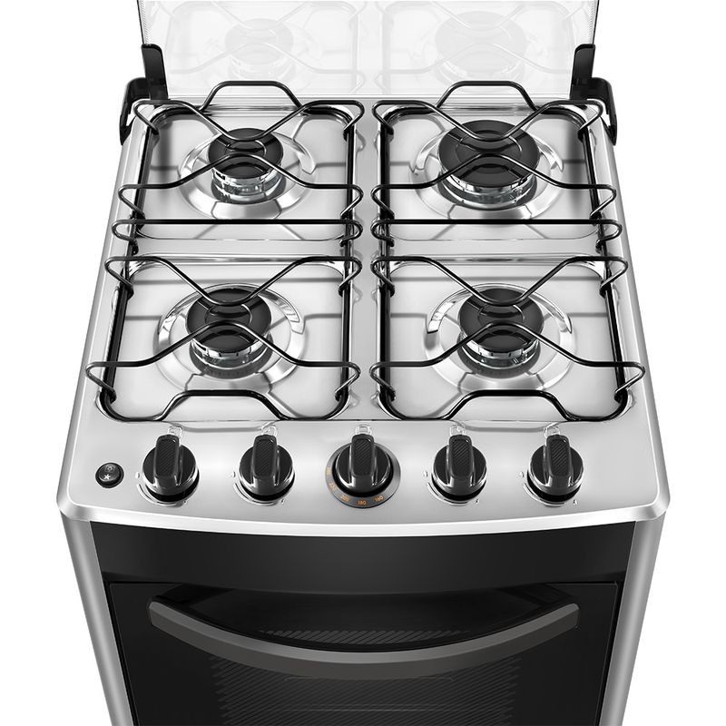 Foto tirada de cima pra baixo do fogão 4 bocas Continental prata automático com mesa compartimentada, modelo FC4CS- bivolt. Nela, aparece em destaque a mesa de aço com as bocas e os queimadores do fogão. São 2 na lateral esquerda e 2 na lateral direita. Todas elas com grades duplas individuais. Mais à frente, ficam os botões dos queimadores e do acendedor automático.