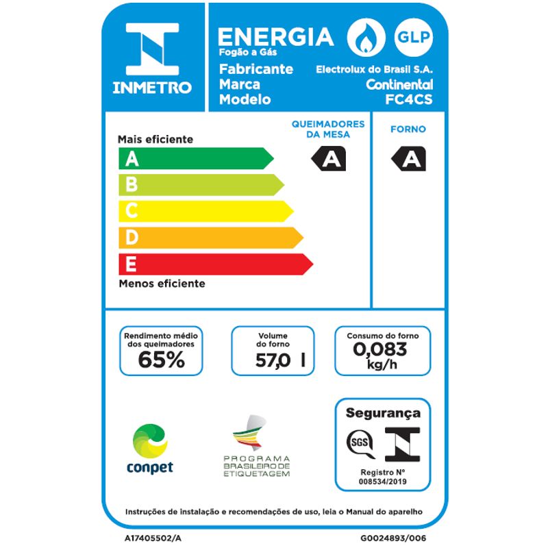 Etiqueta Nacional de Conservação de Energia. No topo, há um retângulo azul com o logo do Inmetro, dois círculos brancos, um com uma ilustração de uma chama e outro com as letras GLP e o texto "Energia. Fogão a Gás. Fabricante Electrolux do Brasil S.A. Marca Continental. Modelo FC4CS.