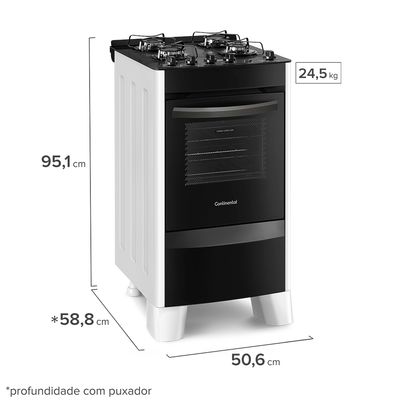 Foto-do-fogao-4-bocas-Continental-automatico-branco-com-mesa-de-vidro-modelo-FC4VB-–-bivolt-levemente-em-diagonal.-Ele-tem-as-laterais-brancas-pes-brancos-e-altos-e-a-parte-da-frente-preta-mesa-de-vidro-preta-com-os-botoes-em-cima-grades-individuais-para-cada-boca-e-forno-com-frente-de-vidro-e-puxador-na-cor-preta.-Ha-as-informacoes-de-medida--951-centimetros-de-altura-506-centimetros-de-largura-588-centimetros-de-profundidade-contando-com-o-puxador-do-forno-e-peso-de-245-quilos