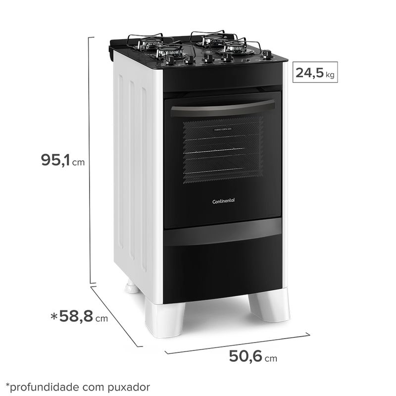 Foto do fogão 4 bocas Continental automático branco com mesa de vidro, modelo FC4VB – bivolt levemente em diagonal. Ele tem as laterais brancas, pés brancos e altos, e a parte da frente preta, mesa de vidro preta com os botões em cima, grades individuais para cada boca e forno com frente de vidro e puxador na cor preta. Há as informações de medida: 95,1 centímetros de altura, 50,6 centímetros de largura, 58,8 centímetros de profundidade, contando com o puxador do forno, e peso de 24,5 quilos