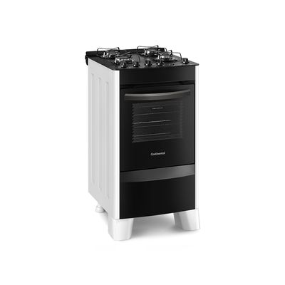 Foto-do-fogao-4-bocas-Continental-automatico-branco-com-mesa-de-vidro-modelo-FC4VB-–-bivolt-levemente-em-diagonal.-Ele-tem-as-laterais-brancas-pes-brancos-e-altos-e-a-parte-da-frente-preta-mesa-de-vidro-preta-com-os-botoes-em-cima-grades-individuais-para-cada-boca-e-forno-com-frente-de-vidro-e-puxador-na-cor-preta.