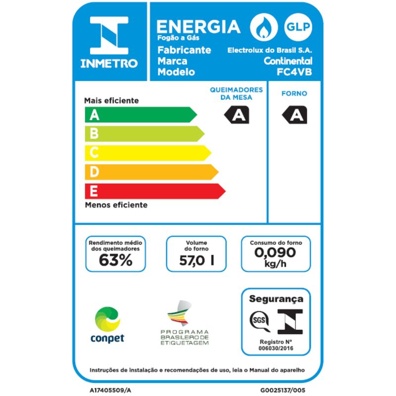 Etiqueta Nacional de Conservação de Energia. No topo, há um retângulo azul com o logo do Inmetro, dois círculos brancos, um com uma ilustração de uma chama e outro com as letras GLP e o texto "Energia. Fogão a Gás. Fabricante Electrolux do Brasil S.A. Marca Continental. Modelo FC4VB.