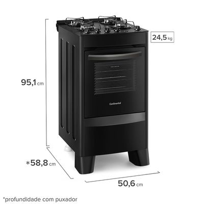 Foto-do-fogao-4-bocas-Continental-automatico-preto-com-mesa-de-vidro-temperado-modelo-FC4VP-–-bivolt-levemente-em-diagonal.-Ele-e-todo-preto-tem-mesa-de-vidro-com-os-botoes-em-cima-grades-individuais-para-cada-boca-forno-com-frente-de-vidro-e-puxador-e-pes-altos-pretos-na-frente-e-atras-pes-brancos-regulaveis.-Ha-as-informacoes-de-medida--951-centimetros-de-altura-506-centimetros-de-largura-588-centimetros-de-profundidade-contando-com-o-puxador-do-forno-e-peso-de-245-quilos.