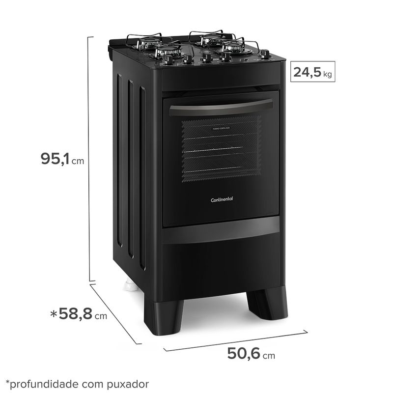Foto do fogão 4 bocas Continental automático preto com mesa de vidro temperado, modelo FC4VP – bivolt levemente em diagonal. Ele é todo preto, tem mesa de vidro com os botões em cima, grades individuais para cada boca, forno com frente de vidro e puxador e pés altos pretos na frente e, atrás, pés brancos reguláveis. Há as informações de medida: 95,1 centímetros de altura, 50,6 centímetros de largura, 58,8 centímetros de profundidade, contando com o puxador do forno, e peso de 24,5 quilos.