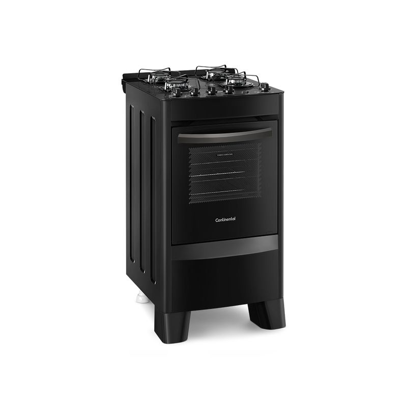 Foto do fogão 4 bocas Continental automático preto com mesa de vidro temperado, modelo FC4VP – bivolt levemente em diagonal. Ele é todo preto, tem mesa de vidro com os botões em cima, grades individuais para cada boca, forno com frente de vidro e puxador e pés altos pretos na frente e, atrás, pés brancos reguláveis.