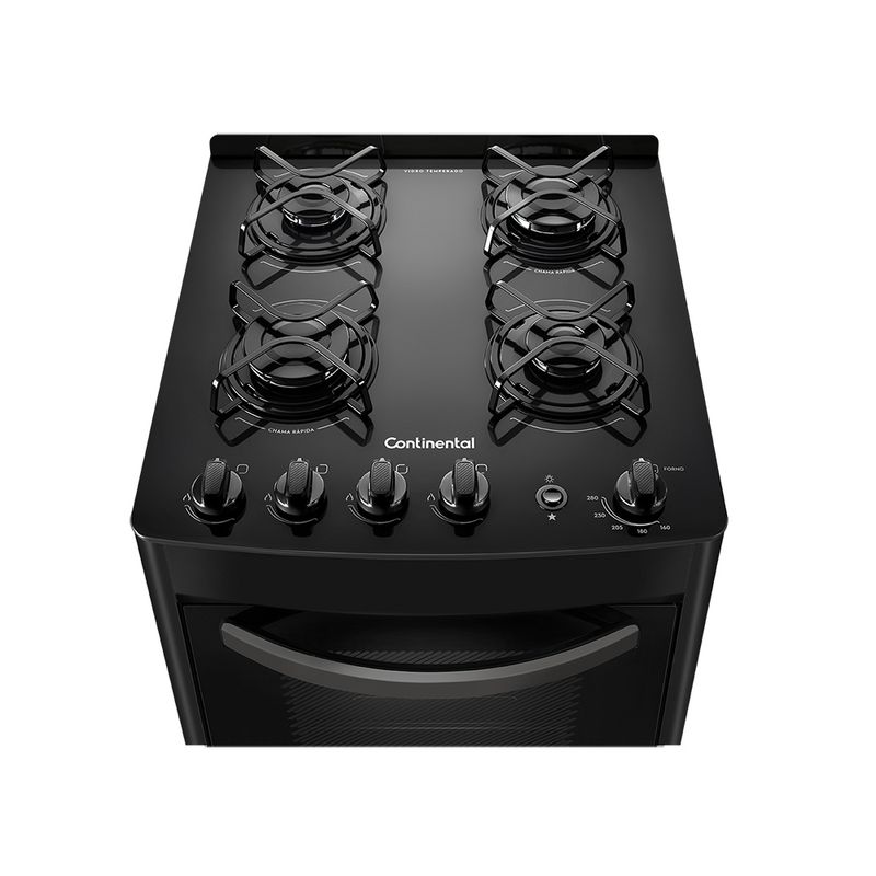 Foto tirada de cima pra baixo do fogão 4 bocas Continental automático preto com mesa de vidro temperado, modelo FC4VP – bivolt. Nela, aparece em destaque a mesa de vidro preta com as bocas e os queimadores do fogão. São 2 na lateral esquerda e 2 na lateral direita. Todas elas com grades individuais. Mais à frente, ficam os botões dos queimadores e do acendedor automático.
