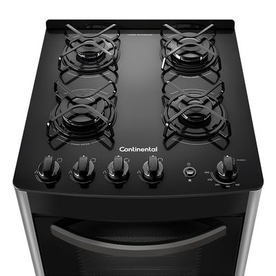 Foto-tirada-de-cima-pra-baixo-do-fogao-4-bocas-continental-automatico-prata-com-mesa-de-vidro-modelo-FC4VS---bivolt.-Nela-aparece-em-destaque-a-mesa-de-vidro-preta-com-as-bocas-e-os-queimadores-do-fogao.-Sao-2-na-lateral-esquerda-e-2-na-lateral-direita.-Todas-elas-com-grades-individuais.-Mais-a-frente-ficam-os-botoes-dos-queimadores-do-forno-e-do-acendedor-automatico.