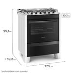 Foto-do-fogao-5-bocas-Continental-automatico-branco-com-mesa-de-inox-modelo-FC5CB---bivolt-levemente-na-diagonal.-Ele-tem-as-laterais-brancas-pes-brancos-e-altos-e-a-parte-da-frente-preta-grades-duplas-individuais-para-cada-boca-tampa-de-vidro-e-forno-com-frente-de-vidro-e-puxador-na-cor-preta.-