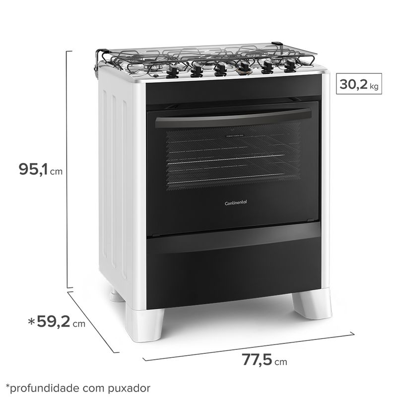 Foto-do-fogao-5-bocas-Continental-automatico-branco-com-mesa-de-inox-modelo-FC5CB---bivolt-levemente-na-diagonal.-Ele-tem-as-laterais-brancas-pes-brancos-e-altos-e-a-parte-da-frente-preta-grades-duplas-individuais-para-cada-boca-tampa-de-vidro-e-forno-com-frente-de-vidro-e-puxador-na-cor-preta.-