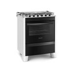 Foto-do-fogao-5-bocas-Continental-automatico-branco-com-mesa-de-inox-modelo-FC5CB---bivolt-levemente-na-diagonal.-Ele-tem-as-laterais-brancas-pes-brancos-e-altos-e-a-parte-da-frente-preta-grades-duplas-individuais-para-cada-boca-tampa-de-vidro-e-forno-com-frente-de-vidro-e-puxador-na-cor-preta.-
