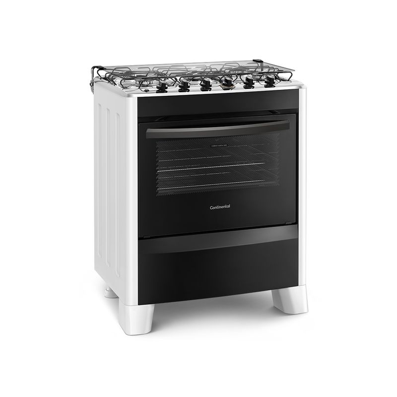 Foto-do-fogao-5-bocas-Continental-automatico-branco-com-mesa-de-inox-modelo-FC5CB---bivolt-levemente-na-diagonal.-Ele-tem-as-laterais-brancas-pes-brancos-e-altos-e-a-parte-da-frente-preta-grades-duplas-individuais-para-cada-boca-tampa-de-vidro-e-forno-com-frente-de-vidro-e-puxador-na-cor-preta.-