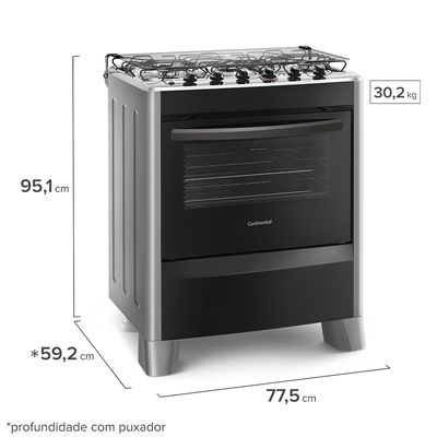 Foto-do-fogao-5-bocas-Continental-automatico-prata-com-mesa-de-inox-modelo-FC5CS---bivolt-levemente-na-diagonal.-Ele-tem-as-laterais-prata-pes-prata-e-altos-e-a-parte-da-frente-preta-grades-duplas-individuais-para-cada-boca-tampa-de-vidro-e-forno-com-frente-de-vidro-e-puxador-na-cor-preta.-Ha-as-informacoes-de-medida--951-centimetros-de-altura-775-centimetros-de-largura-592-centimetros-de-profundidade-contando-com-o-puxador-do-forno-e-peso-de-302-quilos.
