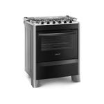Foto-do-fogao-5-bocas-Continental-automatico-prata-com-mesa-de-inox-modelo-FC5CS---bivolt-levemente-na-diagonal.-Ele-tem-as-laterais-prata-pes-prata-e-altos-e-a-parte-da-frente-preta-grades-duplas-individuais-para-cada-boca-tampa-de-vidro-e-forno-com-frente-de-vidro-e-puxador-na-cor-preta.