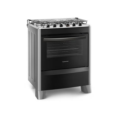Foto-do-fogao-5-bocas-Continental-automatico-prata-com-mesa-de-inox-modelo-FC5CS---bivolt-levemente-na-diagonal.-Ele-tem-as-laterais-prata-pes-prata-e-altos-e-a-parte-da-frente-preta-grades-duplas-individuais-para-cada-boca-tampa-de-vidro-e-forno-com-frente-de-vidro-e-puxador-na-cor-preta.