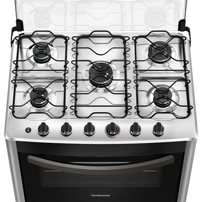 Foto-tirada-de-cima-pra-baixo-do-fogao-5-bocas-Continental-automatico-prata-com-mesa-de-inox-modelo-FC5CS---bivolt.-Nela-aparece-em-destaque-a-mesa-de-inox-com-as-bocas-e-os-queimadores-do-fogao.-Sao-2-na-lateral-esquerda-1-maior-no-meio-e-2-na-lateral-direita.-Todas-elas-com-grades-duplas-individuais.-Mais-a-frente-ficam-os-botoes-do-acendedor-automatico-e-dos-queimadores.