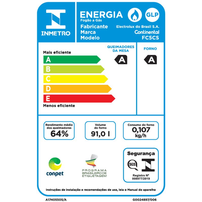 Etiqueta Nacional de Conservação de Energia. No topo, há um retângulo azul com o logo do Inmetro, dois círculos brancos, um com uma ilustração de uma chama e outro com as letras GLP e o texto "Energia. Fogão a Gás. Fabricante Electrolux do Brasil S.A. Marca Continental. Modelo FC5CS.