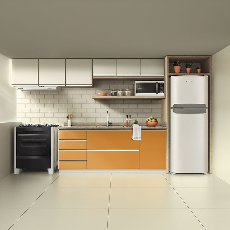 Imagem 3D de uma cozinha com móveis sob medida e eletrodomésticos da Continental como geladeira, micro-ondas, depurador de ar e o fogão 5 bocas Continental automático, modelo FC5VB.