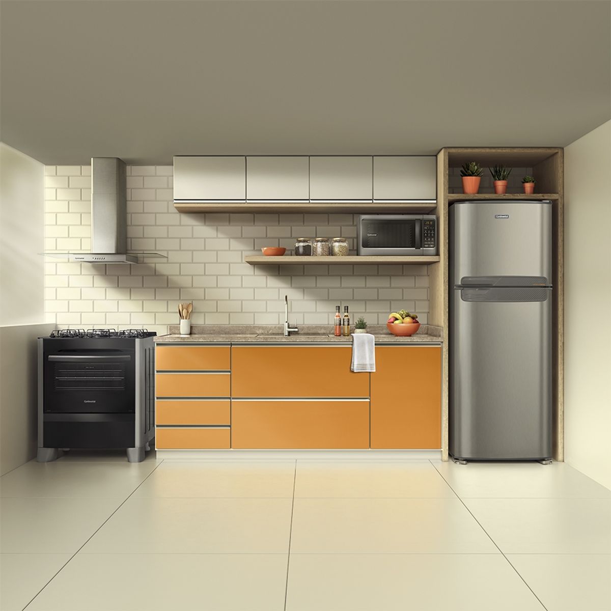 Imagem-3D-de-uma-cozinha-com-moveis-sob-medida-e-eletrodomesticos-da-Continental-como-geladeira-micro-ondas-coifa-de-parede-e-o-fogao-5-bocas-continental-automatico-prata-com-mesa-de-vidro-temperado-modelo-FC5VS---bivolt.