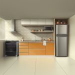 Imagem 3D de uma cozinha com móveis sob medida e eletrodomésticos da Continental como geladeira, micro-ondas, coifa de parede e o fogão 5 bocas continental automático prata com mesa de vidro temperado, modelo FC5VS - bivolt.