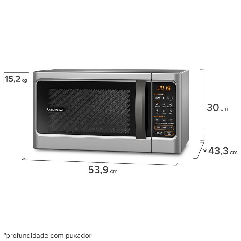 Foto lateral do micro-ondas Continental prata, modelo MC34S. Na lateral direita, há uma linha referencial de medidas que marca 30 centímetros de altura, 43,3 centímetros de profundidade com o puxador e 53,9 centímetros de largura. À esquerda da porta do micro-ondas, há um retângulo com o texto 15,2 quilos.