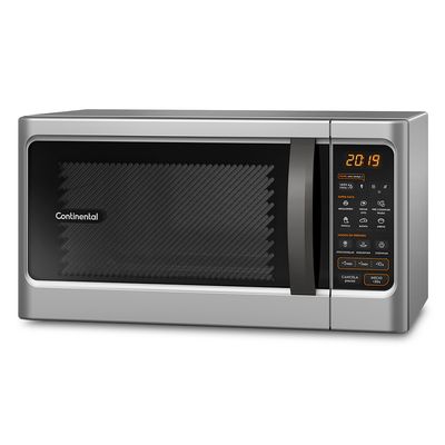 Foto-lateral-do-micro-ondas-Continental-prata-modelo-MC34S.-O-painel-das-funcoes-e-receitas-pre-programadas-cujas-descricoes-das-opcoes-disponiveis-estao-na-area-de-resumo-do-produto-traz-as-informacoes-nas-cores-branca-laranja-preto-e-cinza.