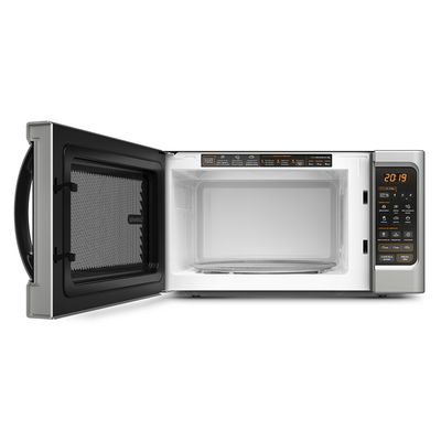 Foto-frontal-do-micro-ondas-Continental-prata-modelo-MC34S-com-a-porta-aberta.-O-painel-das-funcoes-e-receitas-pre-programadas-cujas-descricoes-das-opcoes-disponiveis-estao-na-area-de-resumo-do-produto-traz-as-informacoes-nas-cores-branca-laranja-preto-e-cinza.-