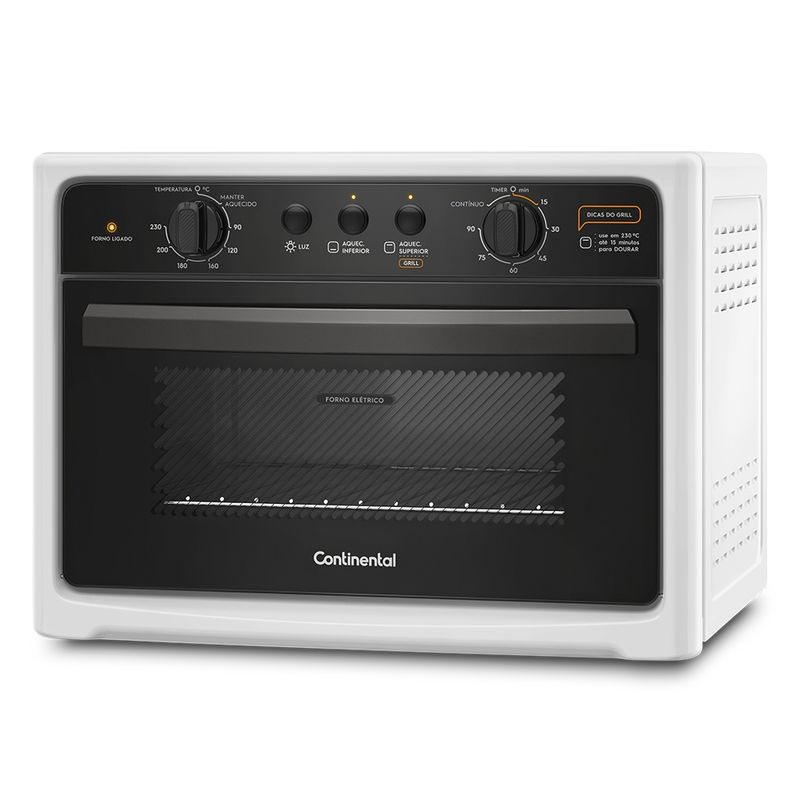 Foto lateral do forno elétrico de bancada da Continental branco, modelo BC44B. O painel de controle, cuja descrição das opções disponíveis estão na área de resumo do produto, traz as informações nas cores branca e laranja. O forno tem dois botões giratórios para a temperatura e o timer, e outros três botões seletores de função.