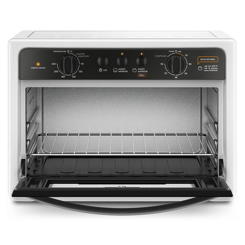 Foto frontal do forno elétrico de bancada da Continental branco, modelo BC44B, com a porta aberta. Ele tem uma prateleira regulável em três alturas diferentes.