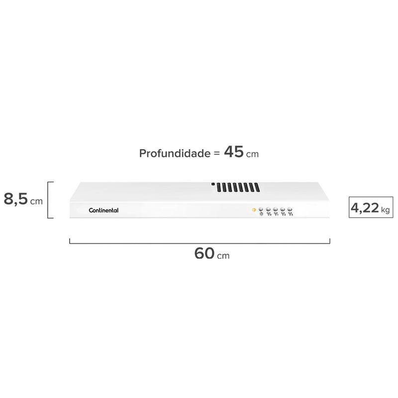 Foto frontal do depurador de ar slim da Continental, na cor branca, modelo DC60B. Ele possui 8,5 centímetros de altura, 60 centímetros de largura, 45 centímetros de profundidade e pesa 4,22 quilos.