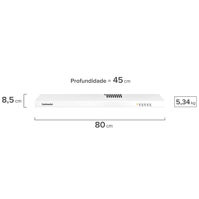 Foto frontal do depurador de ar slim da Continental, na cor branca, modelo DC80B. Ele possui 8,5 centímetros de altura, 80 centímetros de largura, 45 centímetros de profundidade e pesa 5,34 quilos.
