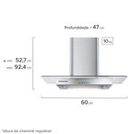 Foto frontal da coifa de parede Continental com acabamento em inox e vidro e luzes embutidas, modelo CC6VX. A altura da chaminé é regulável, mínimo é de 52,7 centímetros e o máximo é de 92,4 centímetros. A coifa tem 60 centímetros de largura, 47 centímetros de profundidade e pesa 10 quilos.