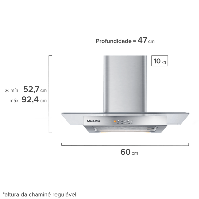 Foto frontal da coifa de parede Continental com acabamento em inox e vidro e luzes embutidas, modelo CC6VX. A altura da chaminé é regulável, mínimo é de 52,7 centímetros e o máximo é de 92,4 centímetros. A coifa tem 60 centímetros de largura, 47 centímetros de profundidade e pesa 10 quilos.