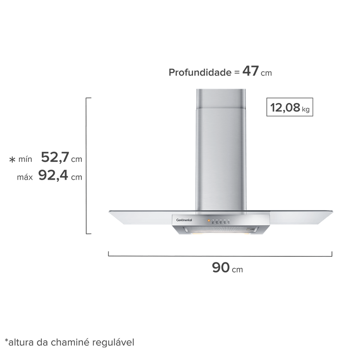 Foto-frontal-da-coifa-de-parede-Continental-com-acabamento-em-inox-e-vidro-e-luzes-embutidas-modelo-CC9VX.-A-altura-da-chamine-e-regulavel-minimo-e-de-527-centimetros-e-o-maximo-e-de-924-centimetros.-A-coifa-tem-90-centimetros-de-largura-47-centimetros-de-profundidade-e-pesa-1208-quilos.-