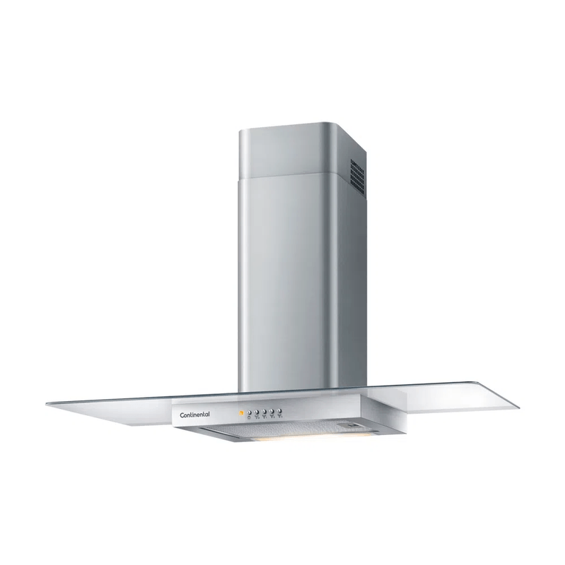Foto lateral da coifa de parede Continental com acabamento em inox e vidro e luzes embutidas, modelo CC9VX.