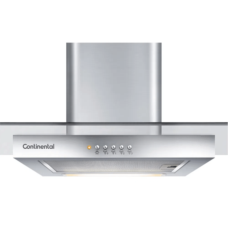 Foto em close do painel de controle, cuja descrição detalhada está na área de resumo do produto, da coifa de parede Continental com acabamento em inox e vidro e luzes embutidas, modelo CC9VX.