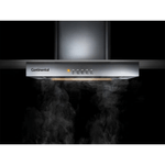Foto frontal da coifa de parede Continental com acabamento em inox e vidro e luzes embutidas, modelo CC9VX, absorvendo a fumaça.