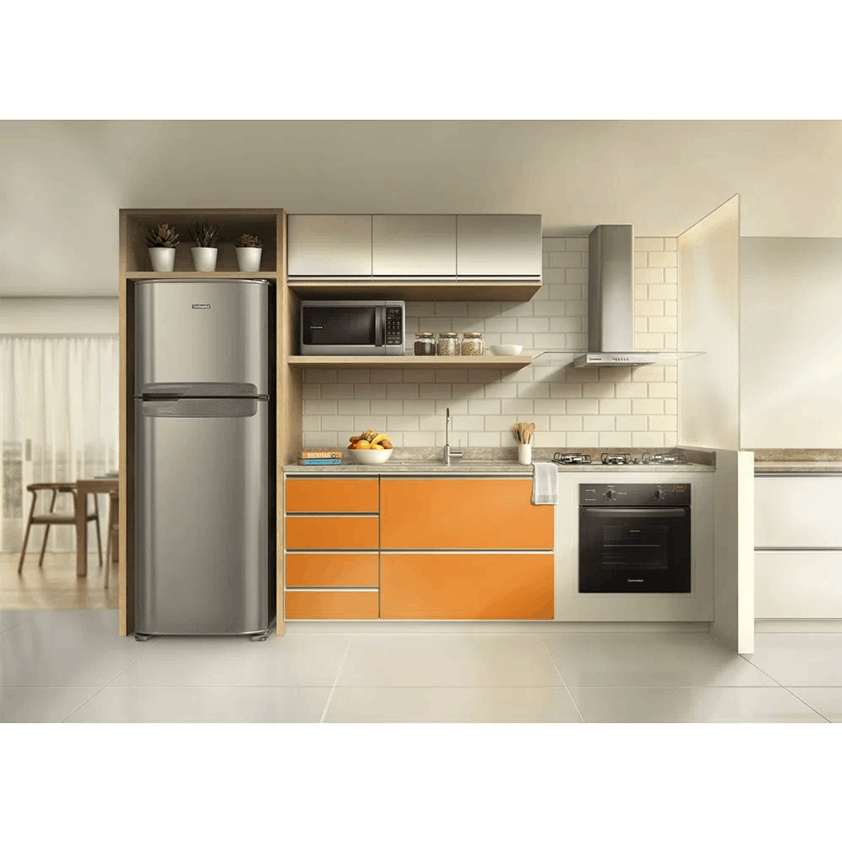 -Imagem-3D-de-uma-cozinha-com-moveis-sob-medida-e-eletrodomesticos-da-Continental-como-geladeira-frost-free-prata-micro-ondas-prata-cooktop-forno-embutido-e-coifa-de-parede.-