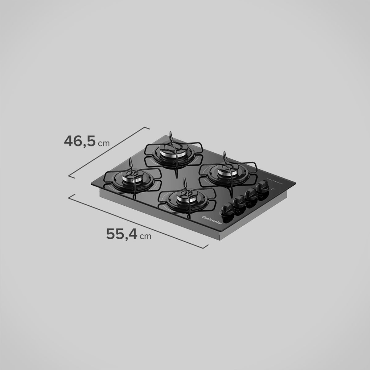 Arte-com-foto-tirada-de-cima-pra-baixo-levemente-na-diagonal-do-cooktop-4-bocas-continental-a-gas-de-vidro-temperado-preto-modelo-KC4GP---bivolt.-Sao-2-bocas-na-lateral-esquerda-e-2-na-lateral-direita-todas-com-grades-individuais.-A-direta-ficam-os-botoes-dos-queimadores.-Ha-as-informacoes-de-medida--554-centimetros-de-largura-e-465-centimetros-de-profundidade.