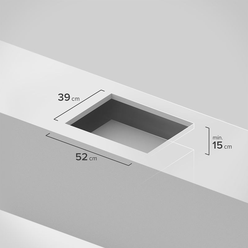 Arte com projeção do espaço necessário na bancada para instalação do cooktop 4 bocas continental a gás de vidro temperado preto, modelo KC4GP - bivolt. Há as informações de medida: 52 centímetros de comprimento, 39 centímetros de largura e mínimo de 15 centímetros de profundidade.