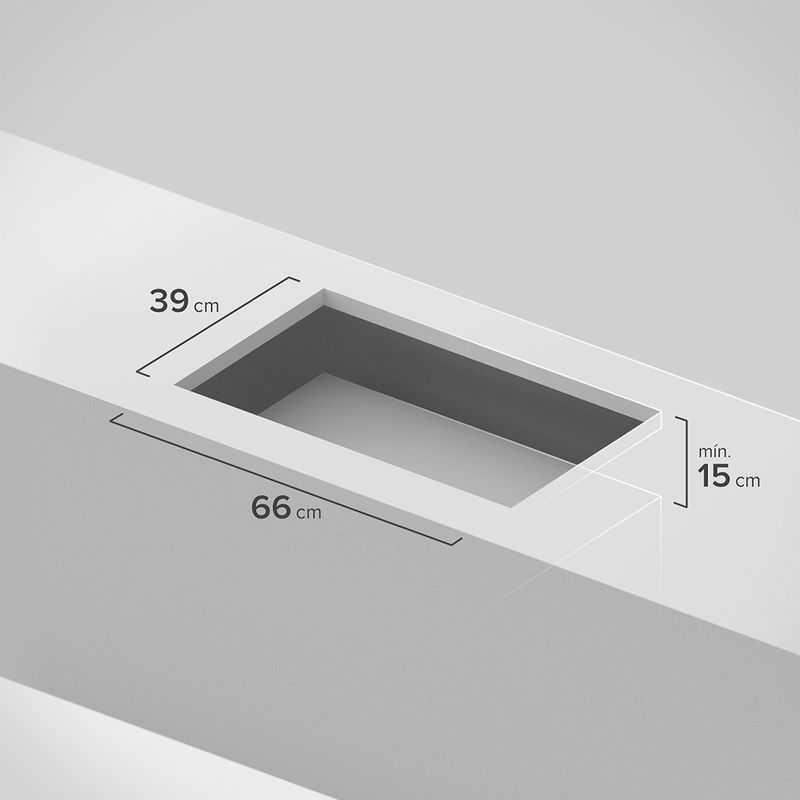 Arte com projeção do espaço necessário na bancada para instalação do cooktop 5 bocas Continental a gás de vidro temperado preto, modelo KC5GP – bivolt. Há as informações de medida: 66 centímetros de comprimento, 39 centímetros de largura e  mínimo de 15 centímetros de profundidade.