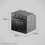 Foto lateral do forno elétrico de embutir da Continental com grill e timer, na cor preta, modelo OC8EP. Na lateral esquerda, há uma linha referencial de medidas que marca 59,5 centímetros de altura, 57,5 centímetros de profundidade sem o puxador e 59,5 centímetros de largura.