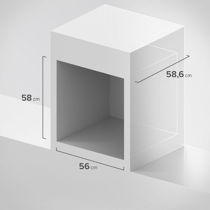 Foto lateral do espaço para embutir o forno elétrico da Continental preto, modelo OC8EP. Na lateral esquerda, há uma linha referencial de medidas que marca o lado de dentro do móvel, que tem 58 centímetros de altura, 58,6 centímetros de profundidade e 56 centímetros de largura.