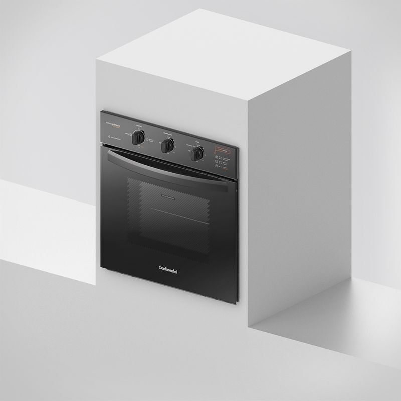 Foto lateral do forno elétrico de embutir da Continental com grill e timer, na cor preta, modelo OC8EP, dentro do móvel.