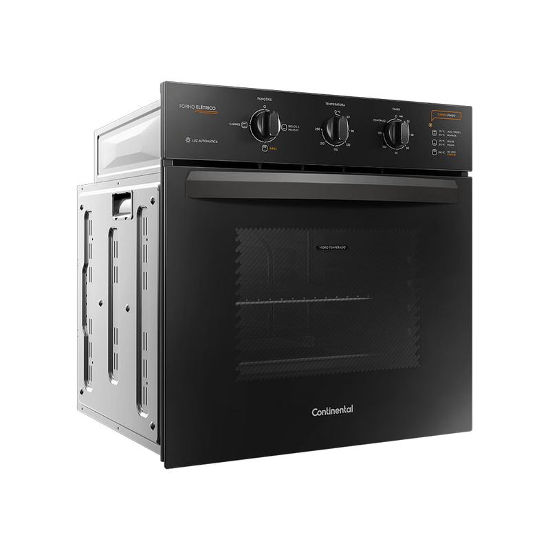 Foto lateral do forno elétrico de embutir da Continental preto, modelo OC8EP. O painel de controle, cujas descrições das opções disponíveis estão na área de resumo do produto, traz as informações nas cores branca e laranja. O forno tem botões para escolher o tipo de preparo e função grill, temperatura e timer.