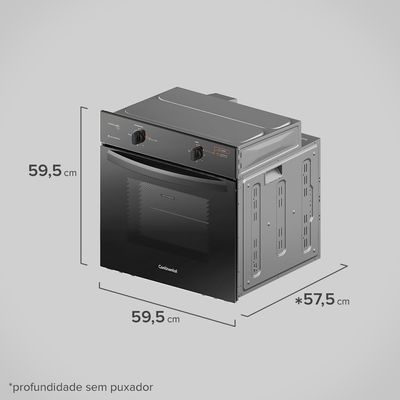 Foto-lateral-do-forno-a-gas-de-embutir-da-Continental-preto-modelo-OC8GP.-Na-lateral-esquerda-ha-uma-linha-referencial-de-medidas-que-marca-595-centimetros-de-altura-575-centimetros-de-profundidade-sem-puxador-e-595-centimetros-de-largura.-