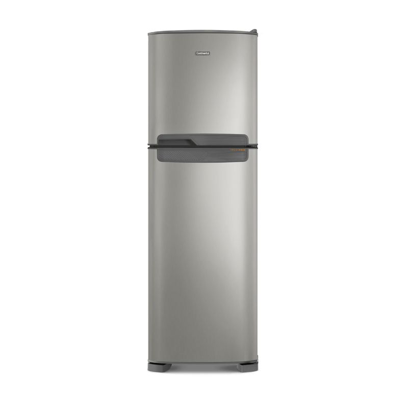 Foto frontal da geladeira Continental frost free duplex prata, modelo TC44S com puxador horizontal embutido entre as portas da geladeira e do freezer.