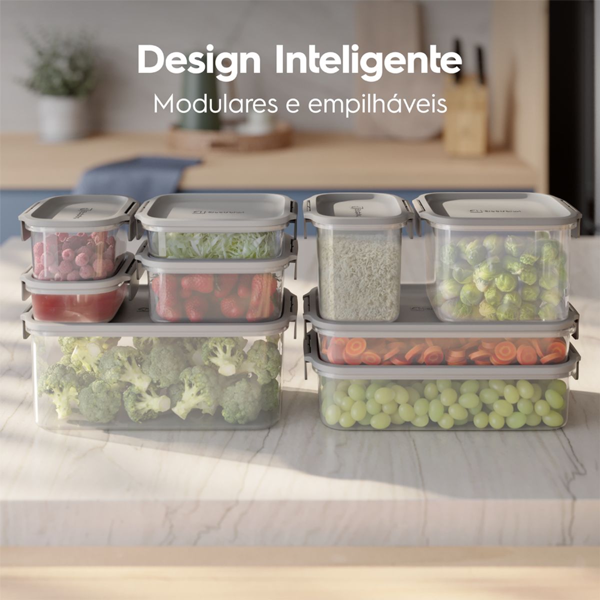 Potes Hermeticos de Plastico Electrolux Cinza 14 Unidades Empilhaveis Modulares - DETALHE DESIGN